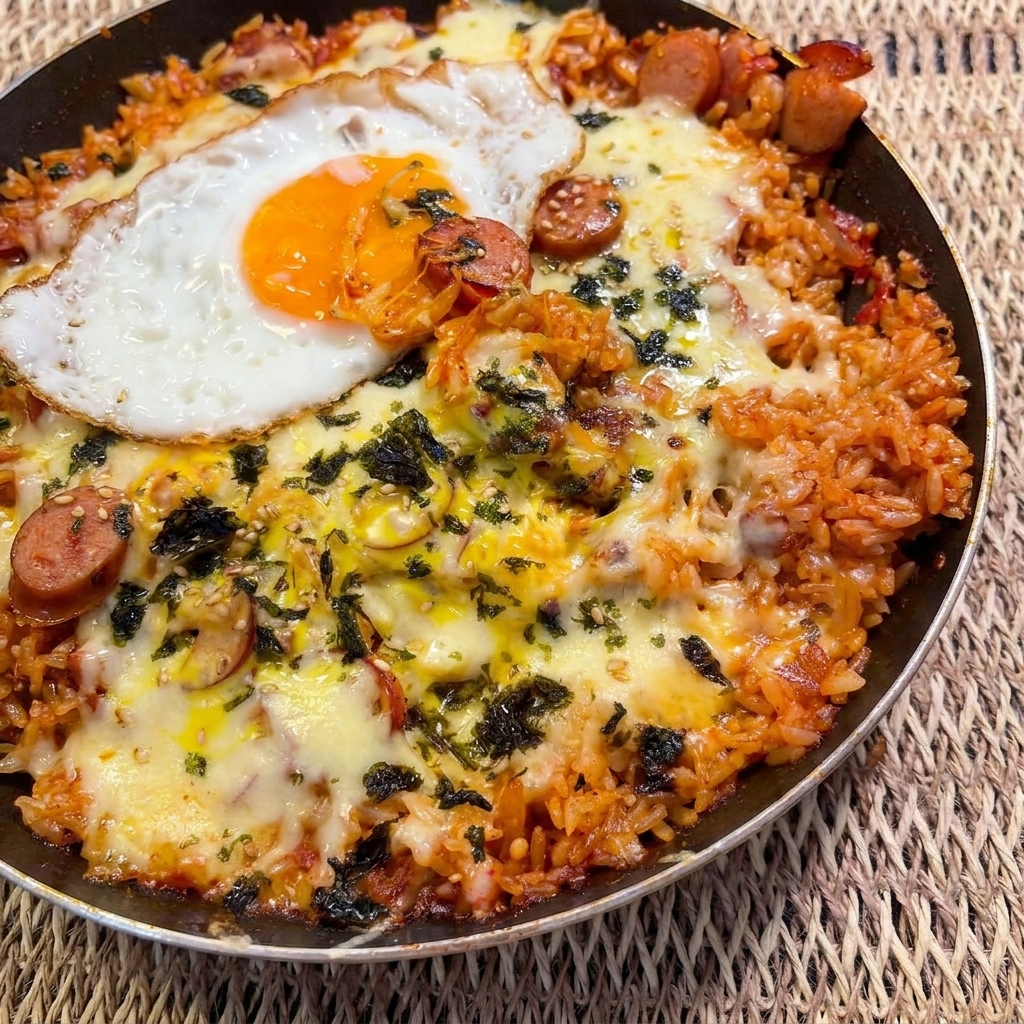 Eine Schicht Schmelzkäse und geriebener Mozzarella-Käse werden großzügig über die Kimchi-Reis-Pfanne gestreut.