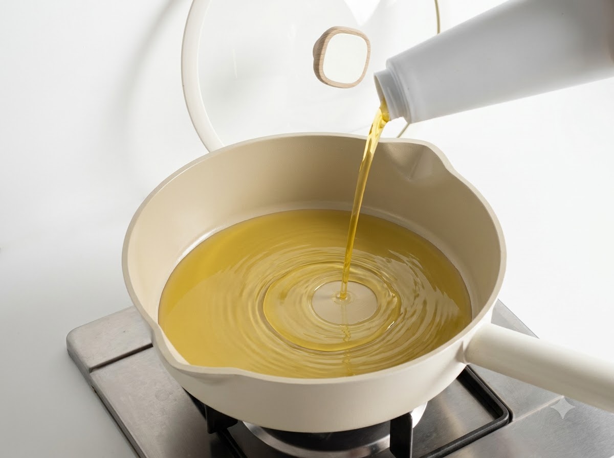 In Scheiben geschnittene Zwiebeln und Frühlingszwiebeln werden in Öl in einer hellen Panne angebraten.