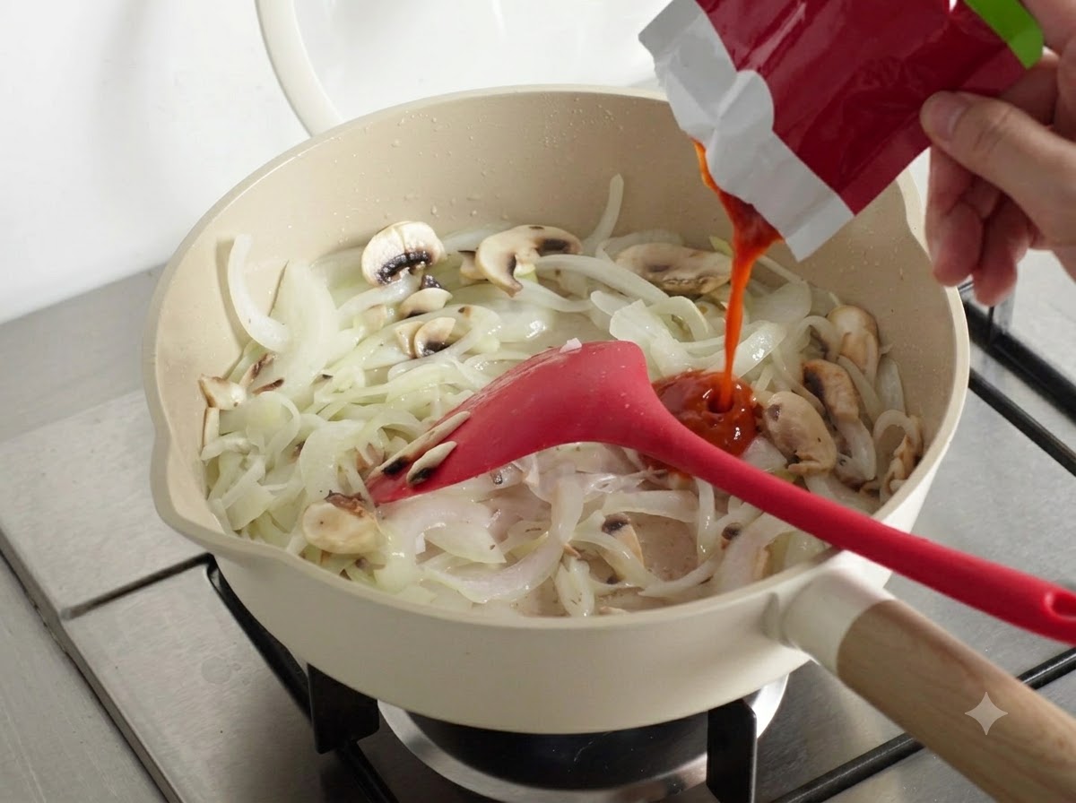 Abgepacktes Kimchi wird direkt in die Pfanne mit dem Gemüse gegeben.