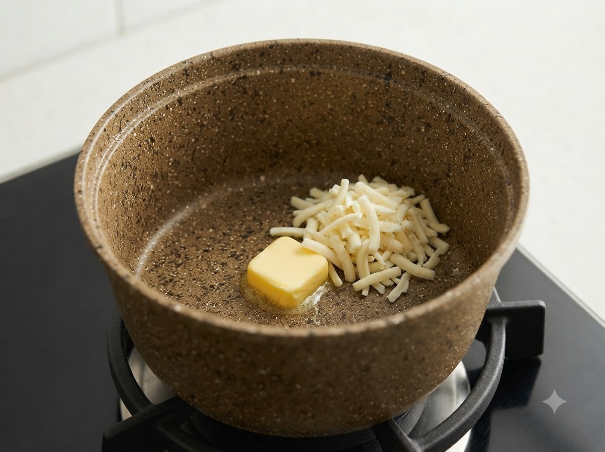 Butter schmilzt in einem separaten Topf, wobei geriebener Mozzarella-Käse zum Schmelzen hinzugefügt wird.