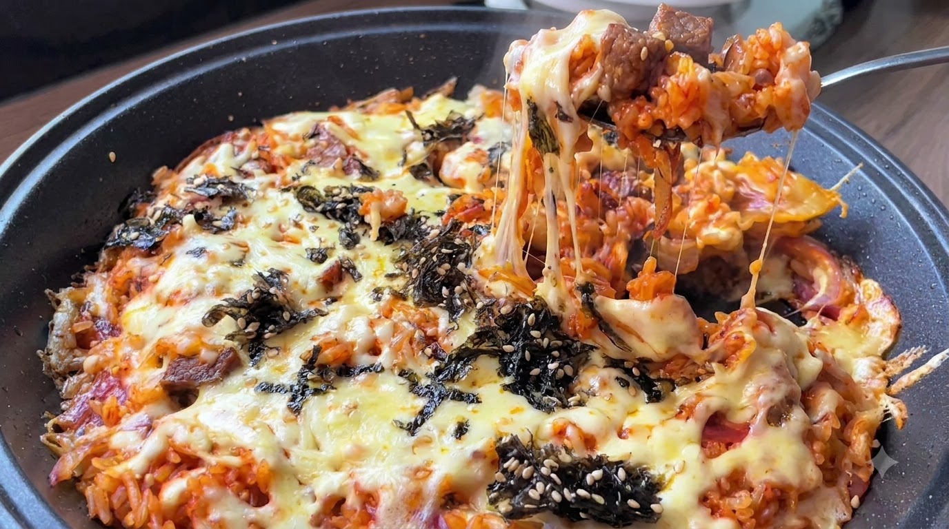 Überbackener koreanischer Reis mit Rindfleisch und Käse