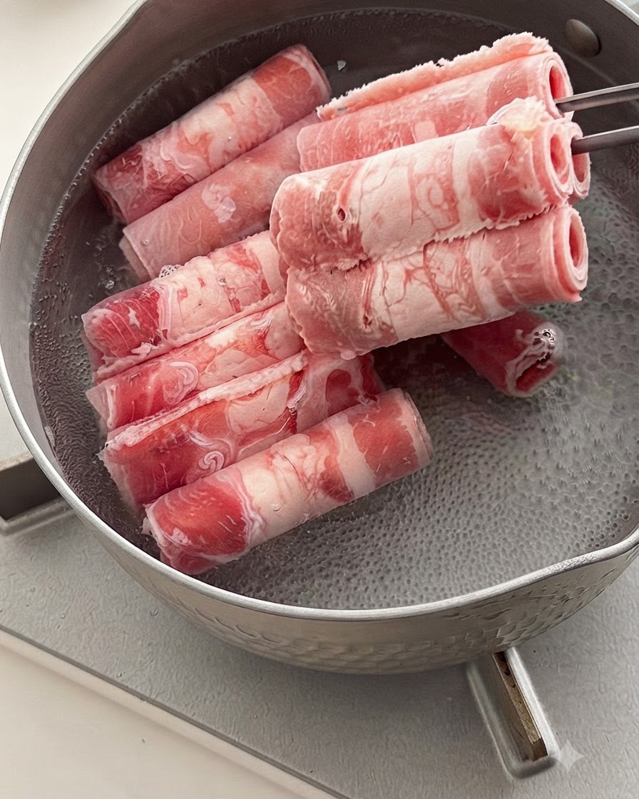 Tiefgekühlte oder rohe Rindfleischscheiben werden mit Metallstäbchen in einen Topf mit kochendem Wasser gegeben.