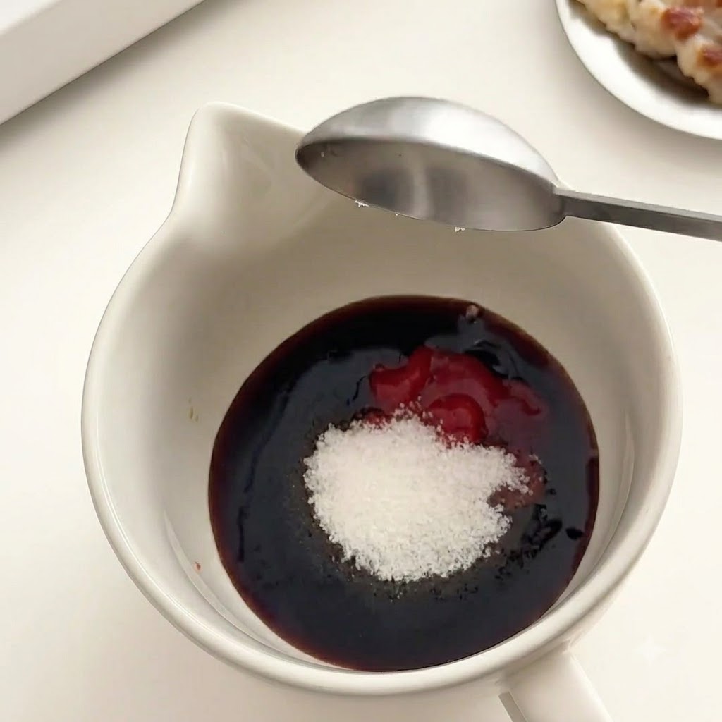 Ein Löffel dicke rote koreanische Chilipaste und weißer Zucker werden in die Soßenschüssel gegeben.
