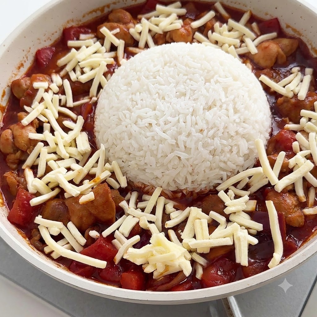 Geriebener Mozzarella-Käse wird gleichmäßig um eine zentrale Kuppel aus weißem Reis in einer roten Soßenpfanne gestreut.