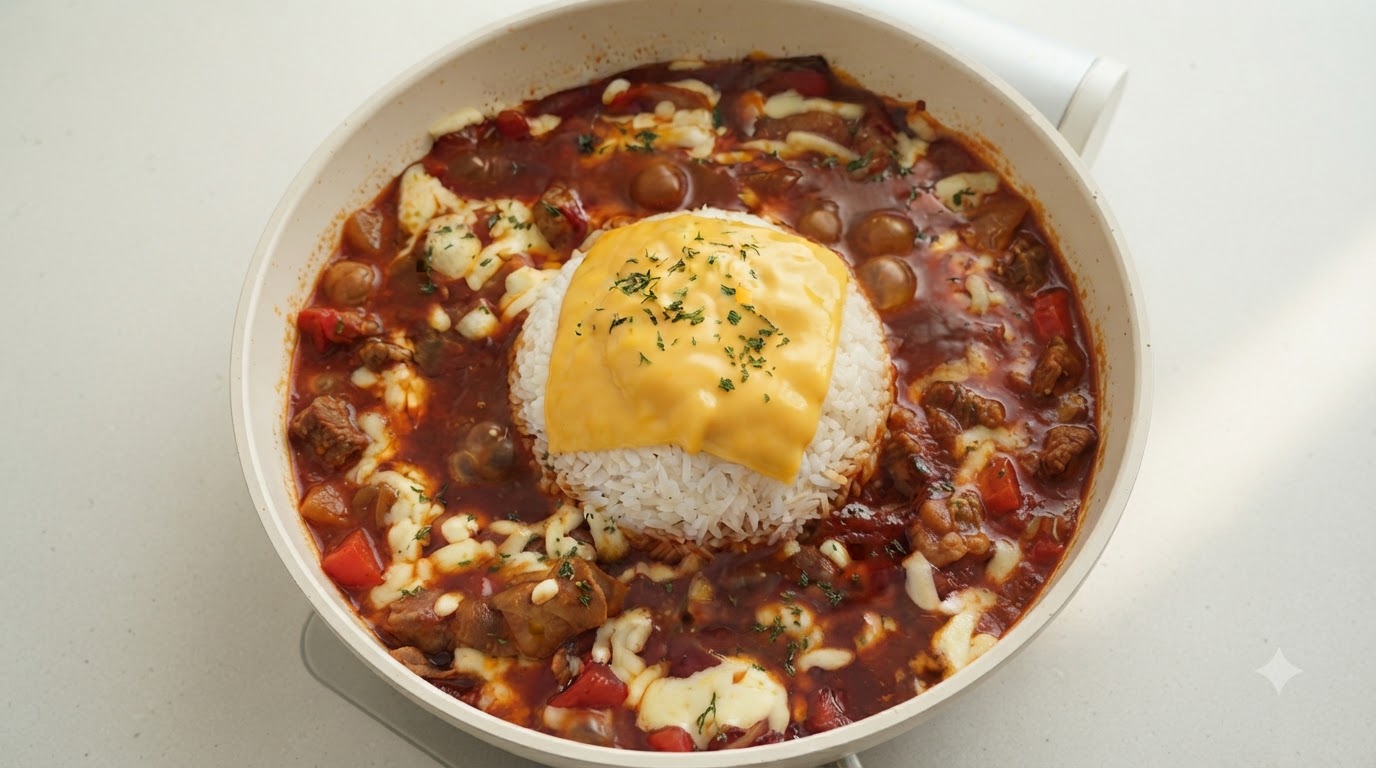 Eine lebendige Pfanne mit blubbernder roter Tomaten-Rindfleisch-Soße um einen Reishügel, der mit geschmolzenem Käse bedeckt ist.