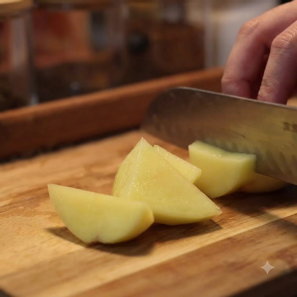 Ein Messer schneidet geschälte Kartoffeln in große Ecken auf einem Holzbrett.