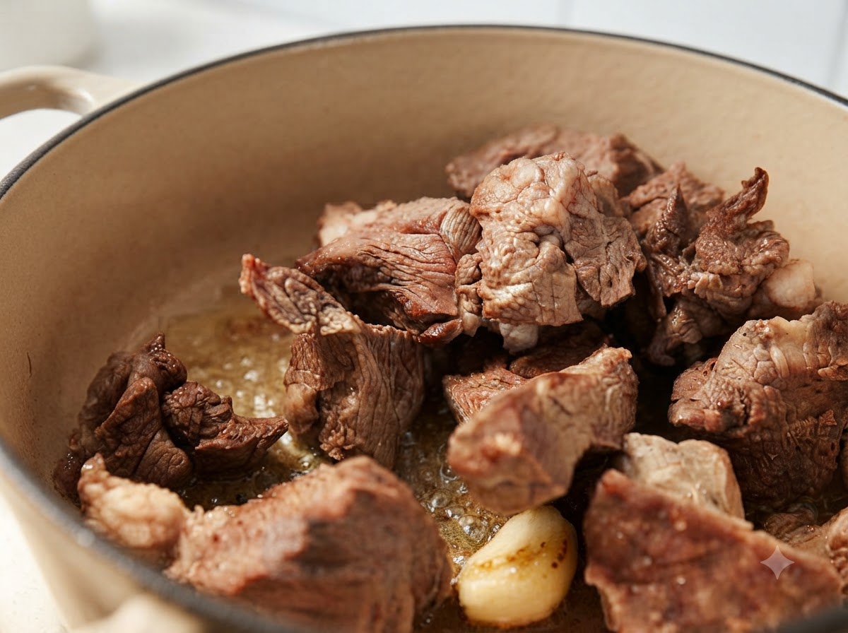 Rindfleischstücke werden mit Knoblauch in einem Topf angebraten, bis sie braun sind.