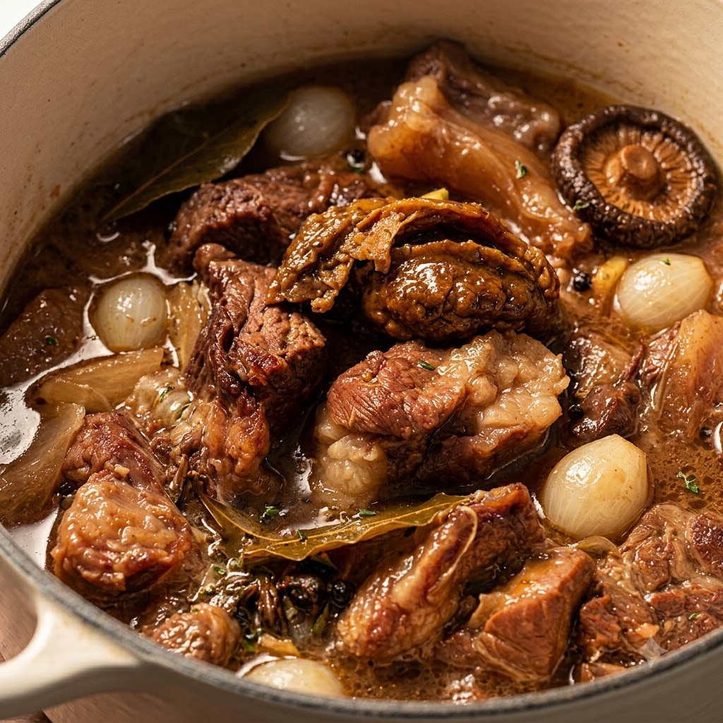 Dickflüssige Currypaste wird zu einem Topf mit gekochter Rinderbrust und Zwiebeln in Brühe gegeben.