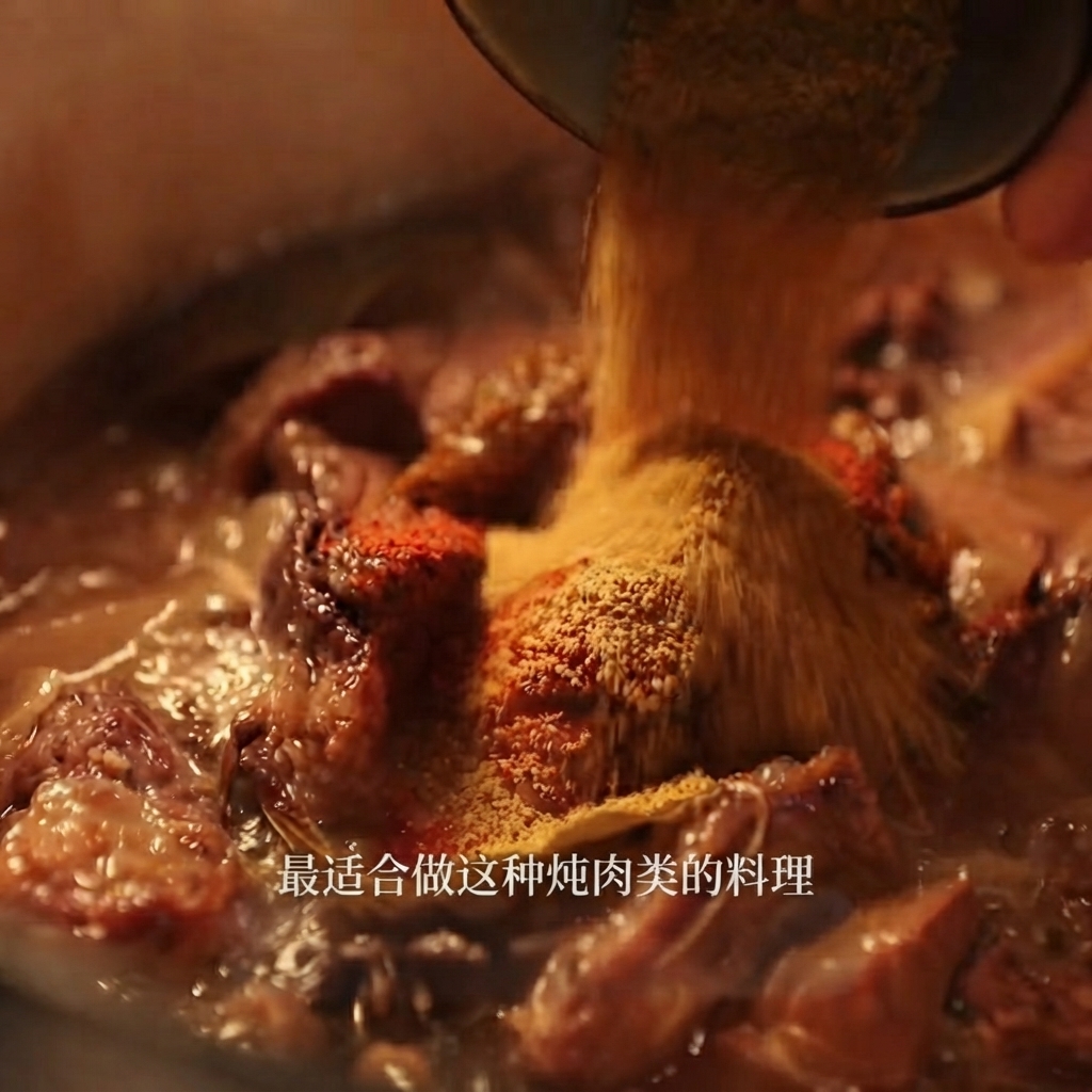 Currypulver und Chilipulver werden aus einer kleinen Schüssel in den Eintopf geschüttet.