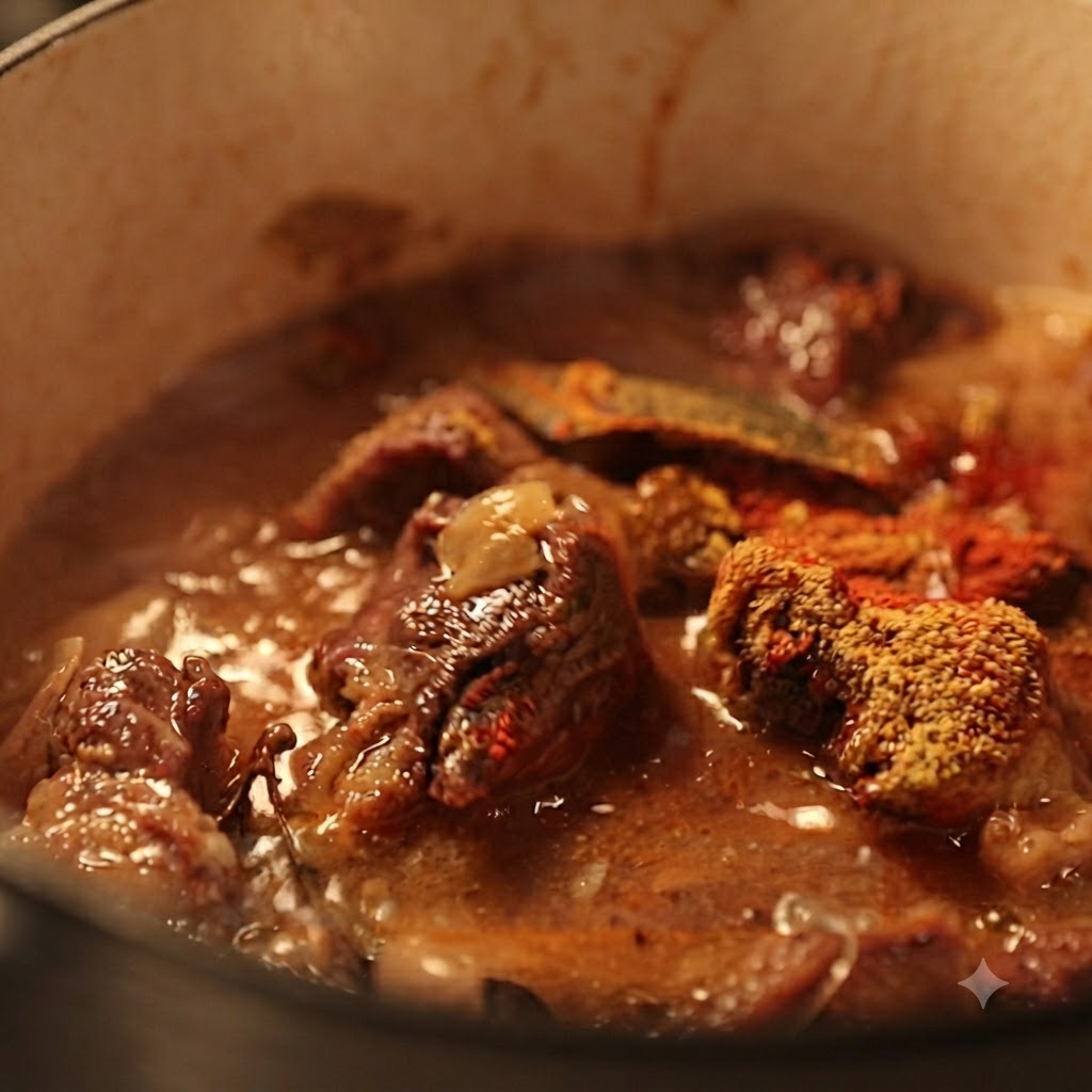 Tomatenketchup vermischt sich in der blubbernden Curry- und Rinderbrühe.