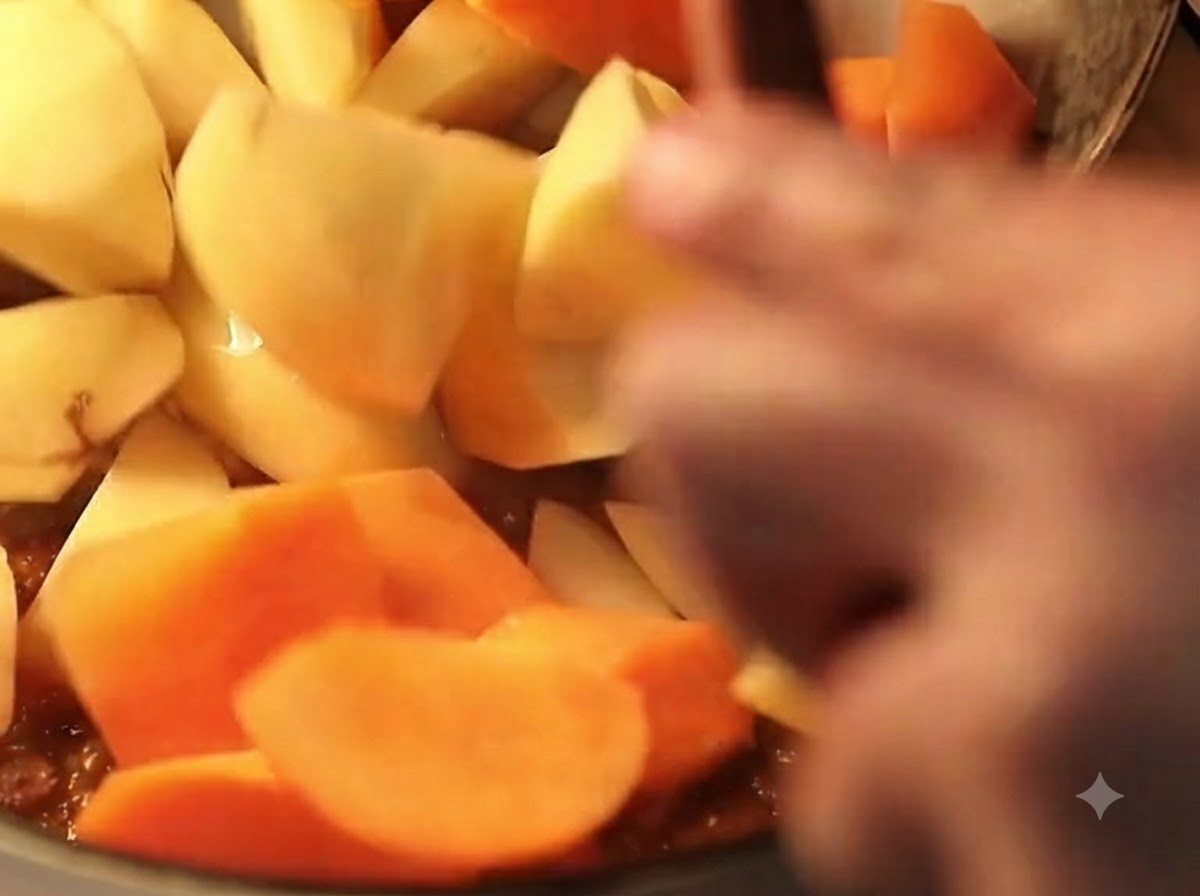 Stücke geschälter Kartoffeln und Karotten werden in den Rinder-Curry-Topf gegeben.