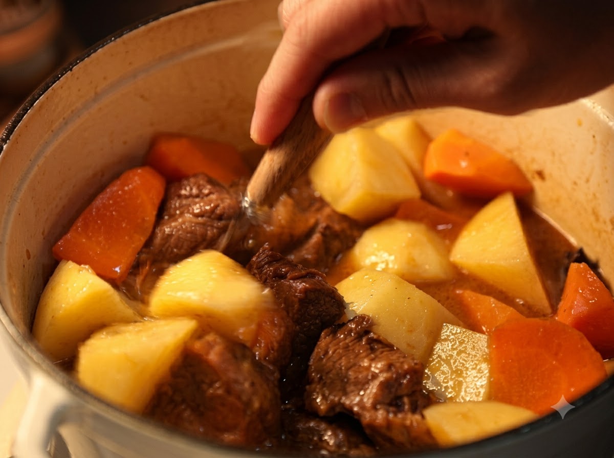 Eine Person rührt große Stücke von Karotten und Kartoffeln in einem Topf mit Rindercurry um.