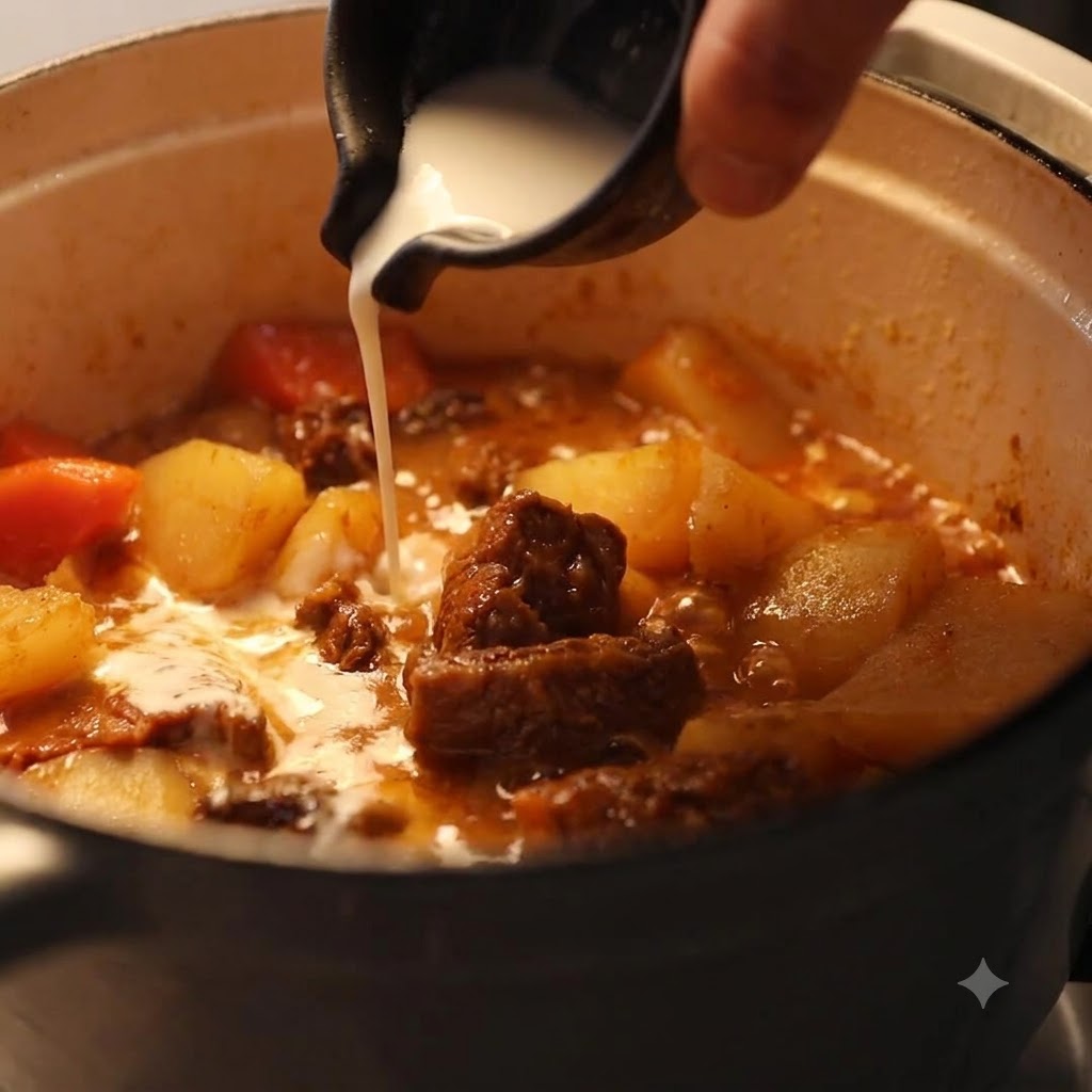 Weiße Kokoscreme wird aus einer kleinen dunklen Kanne in einen Topf mit blubberndem Curry gegossen.