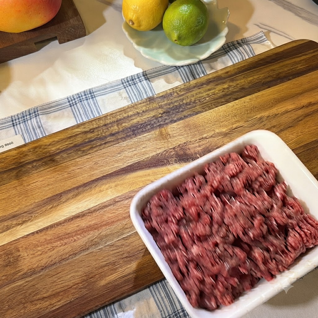Frisches, rohes Rinderhackfleisch in einem weißen Behälter auf einem Holzschneidebrett neben Zitronen.
