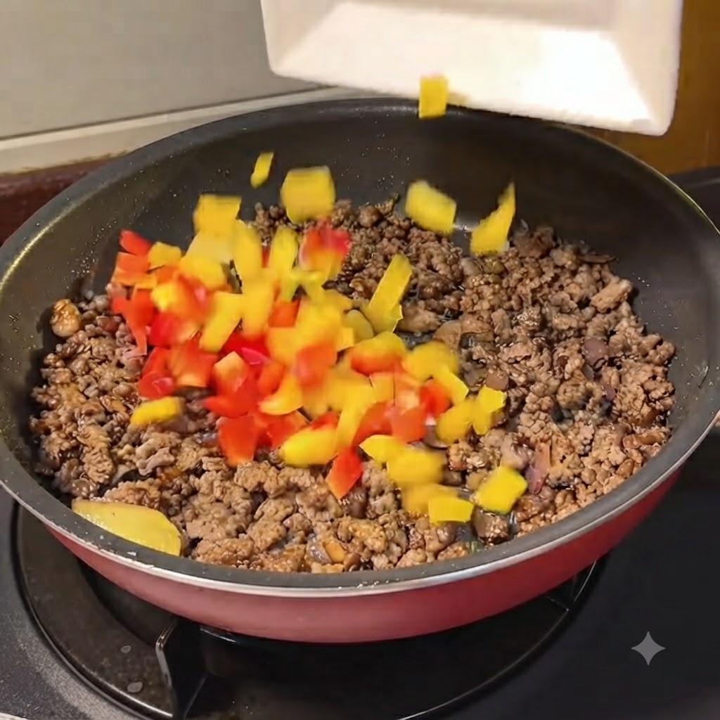 Gewürfelte rote und gelbe Paprika werden von einem weißen Teller in eine Pfanne mit gekochtem Rinderhackfleisch gegeben.