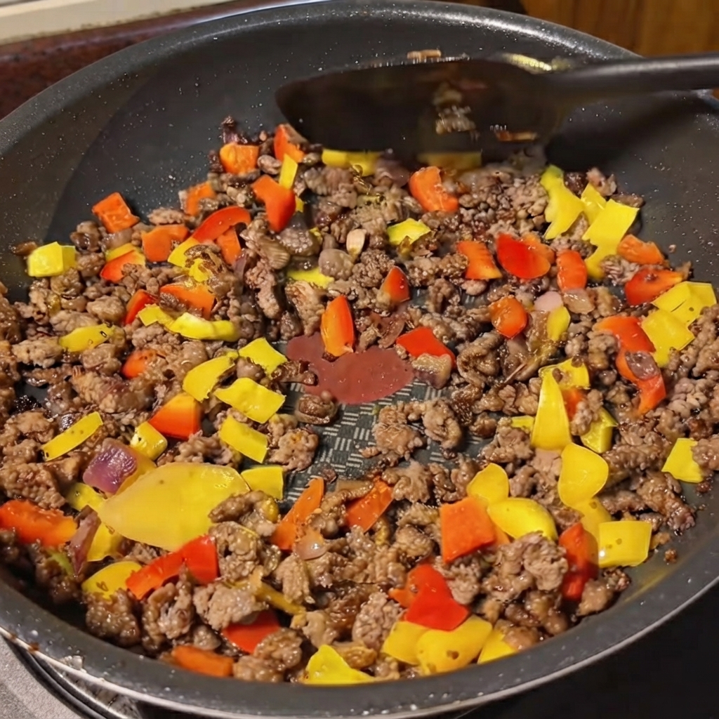 Gelbe Currysoße wird aus einem Behälter in eine Pfanne mit Fleisch und gemischtem Gemüse gegossen.