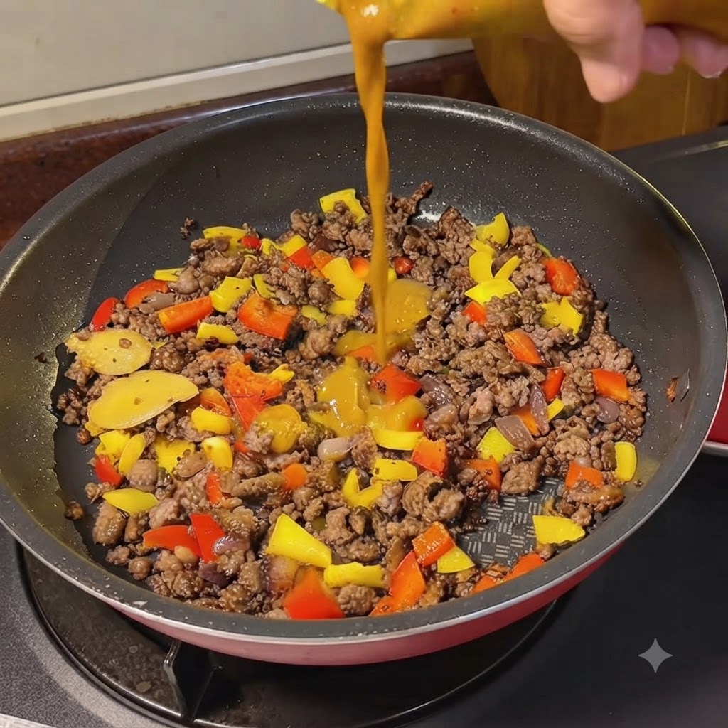 Heißes Wasser wird aus einem Wasserkocher in eine Kochpfanne mit Fleisch und Curryzutaten gegossen.