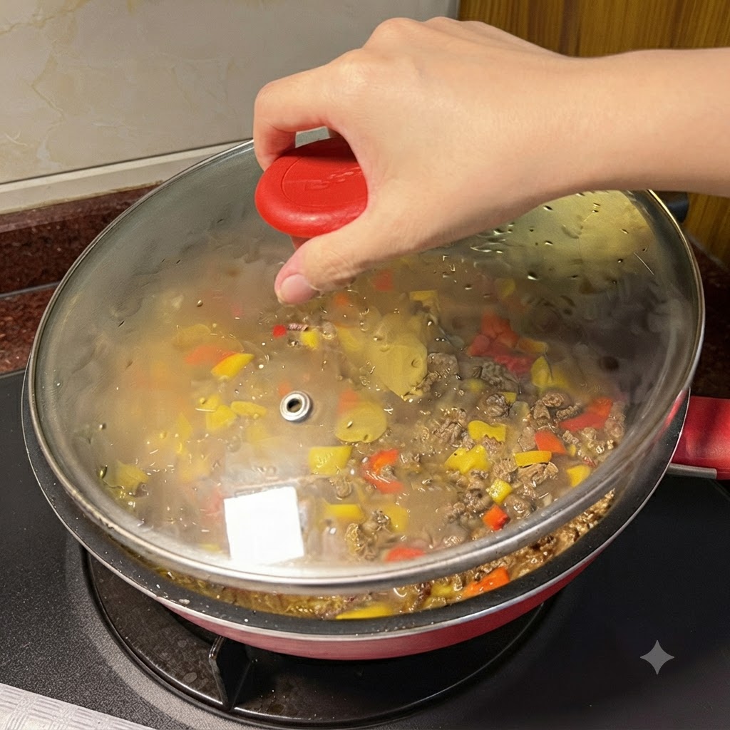 Käsescheiben werden in einer abgedeckten Pfanne auf die köchelnde Curry-Rinder-Mischung gelegt.