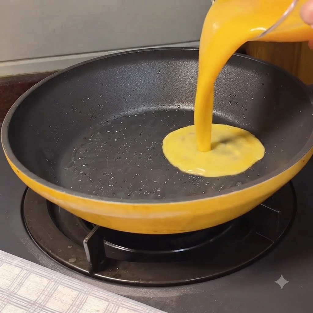 Verquirlte Eier werden in eine erhitzte Bratpfanne gegossen, um ein weiches Omelett zuzubereiten.