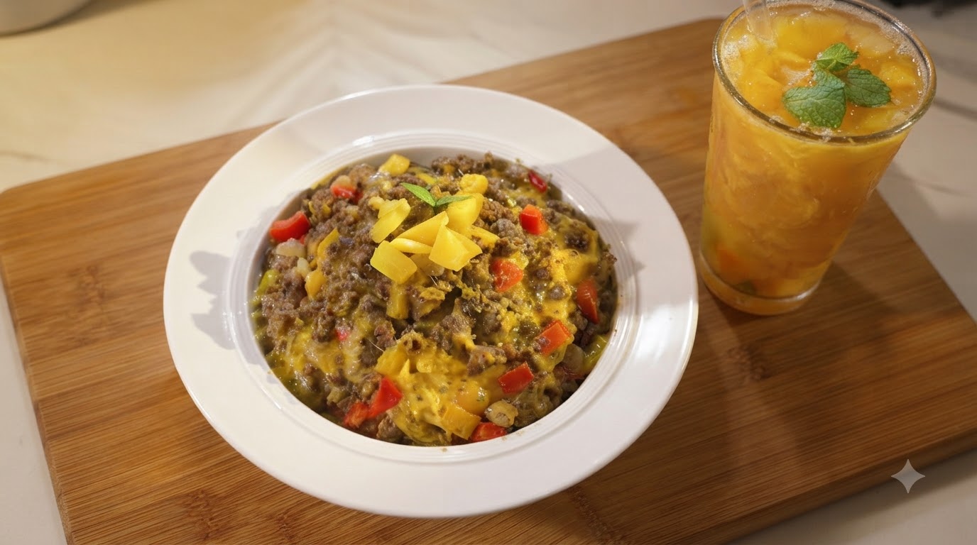 Käsiges Curry-Rinderhack-Reis-Bowl und Pfirsich-Oolong-Tee