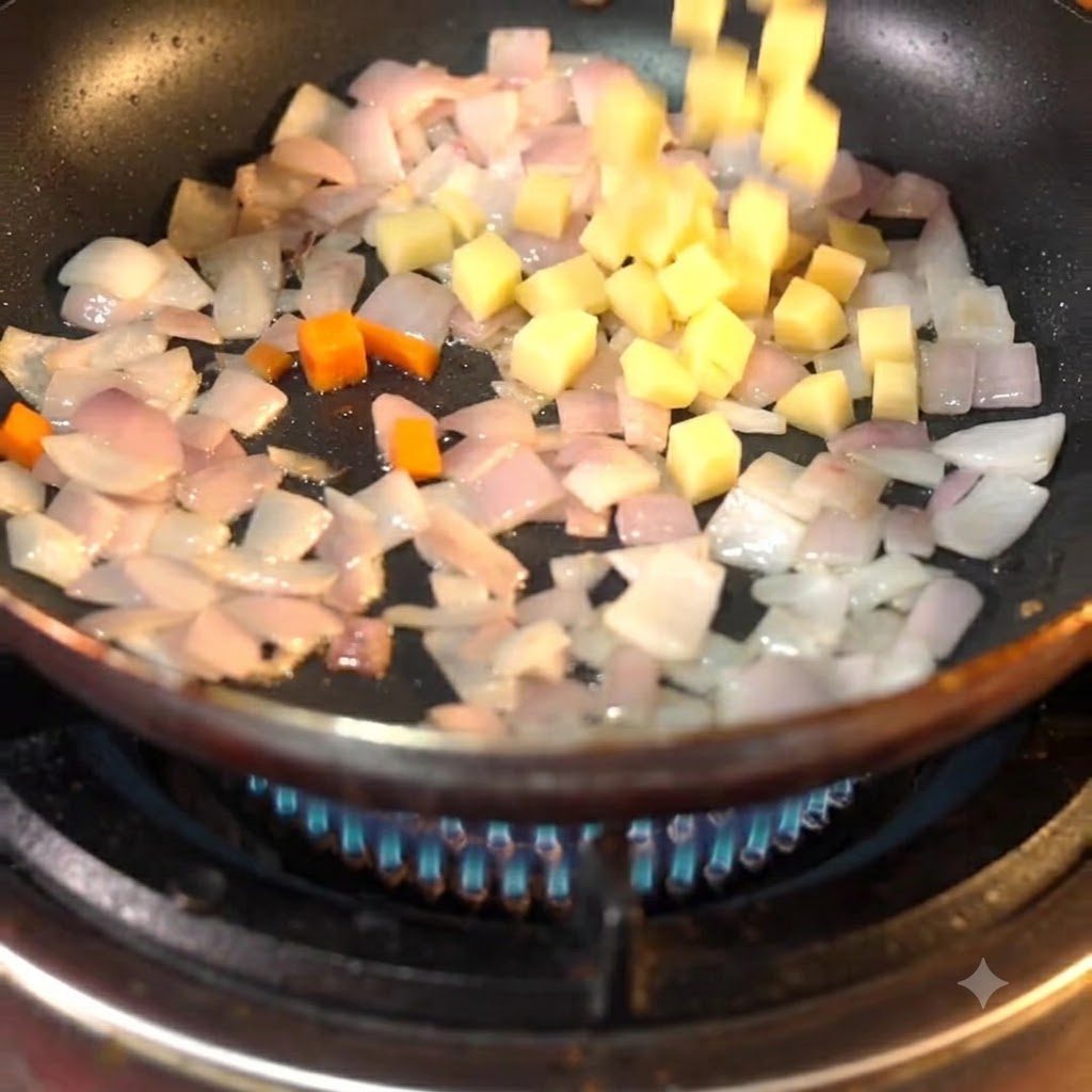 Gewürfelte Kartoffeln und Karotten werden in die Pfanne zu den gebratenen Zwiebeln gegeben.