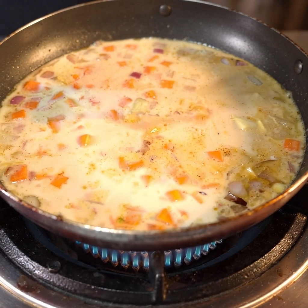 Currywürfel liegen in der köchelnden Flüssigkeitsmischung in der Pfanne.