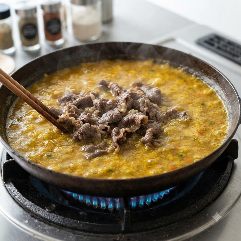 Rindfleischscheiben werden mit Stäbchen in einer blubbernden gelben Currysauce in einer Pfanne auf einem Gaskocher vermischt.