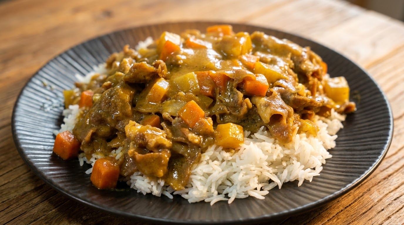 Ein Teller mit fluffigem weißem Reis, gekrönt von reichhaltigem Curry-Rindfleisch, Karotten und Kartoffeln in einer glänzenden goldbraunen Currysauce.