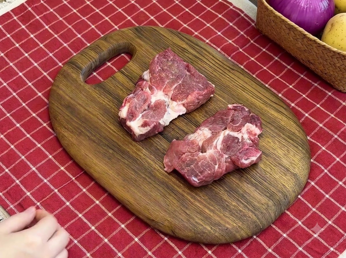 Zwei rohe Schweinekoteletts liegen auf einem Holzschneidebrett und werden mit einem scharfen Werkzeug bearbeitet.