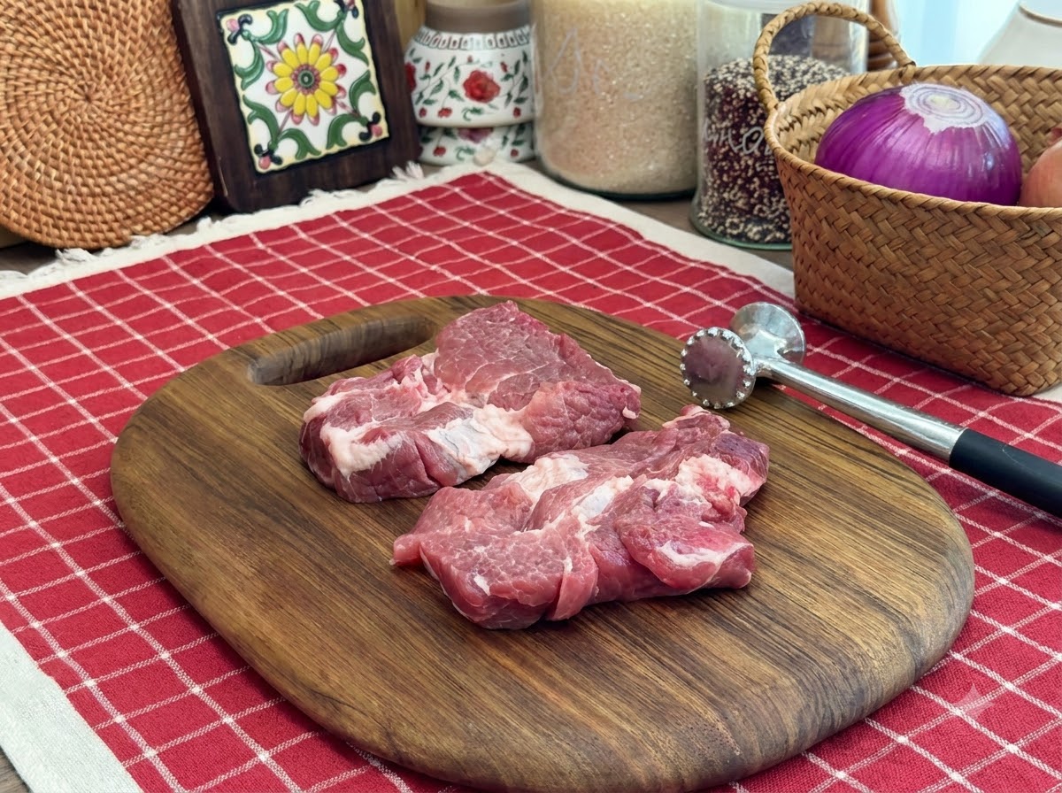 Ein Fleischklopfer ruht neben zwei mürbe geklopften, rohen Schweinekoteletts auf einem Holzschneidebrett.