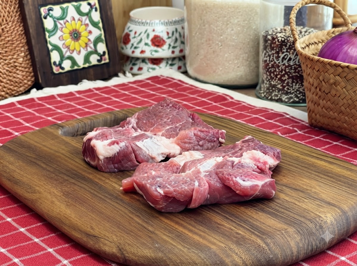 Gewürzte rohe Schweinekoteletts ruhen vor dem Marinieren auf einem Holzbrett.