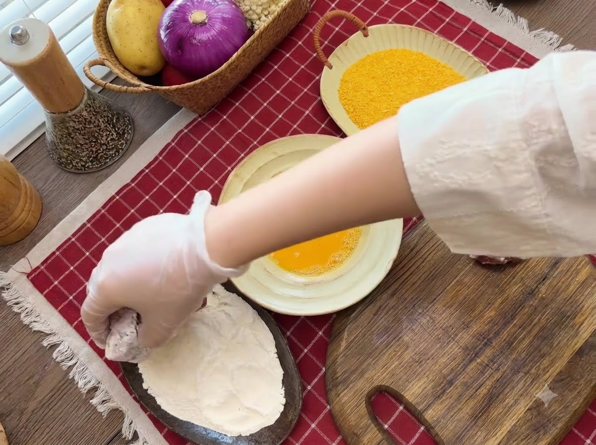 Eine behandschuhte Hand wendet ein Stück Fleisch in Mehl, daneben Schüsseln mit Eistreiche und Semmelbröseln.