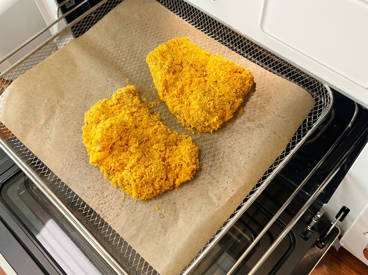Mit Semmelbröseln panierte Schweinekoteletts, die auf Backpapier auf einem Backblech angerichtet sind.
