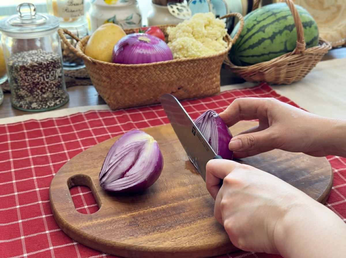 Rote Zwiebeln werden mit einem scharfen Küchenmesser auf einem runden Holzschneidebrett in Scheiben geschnitten und gehackt.