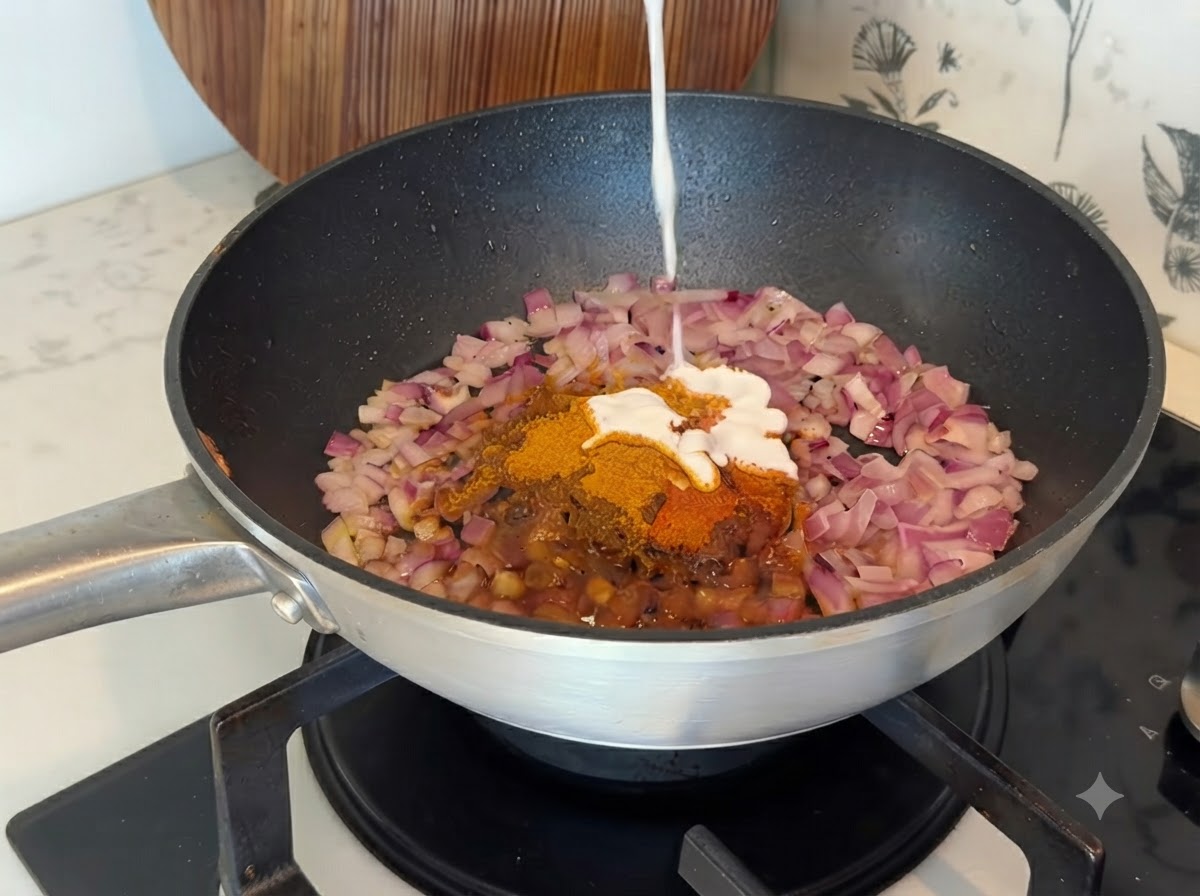 Kokosmilch wird von oben in die Pfanne mit den Currygewürzen und Zwiebeln gegossen.