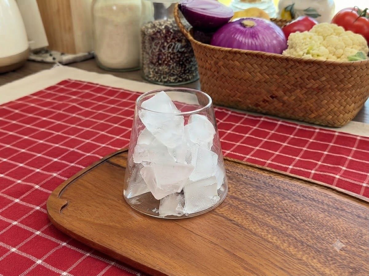 Eiswürfel füllen den Boden eines durchsichtigen Trinkglases auf einem hölzernen Serviertablett.