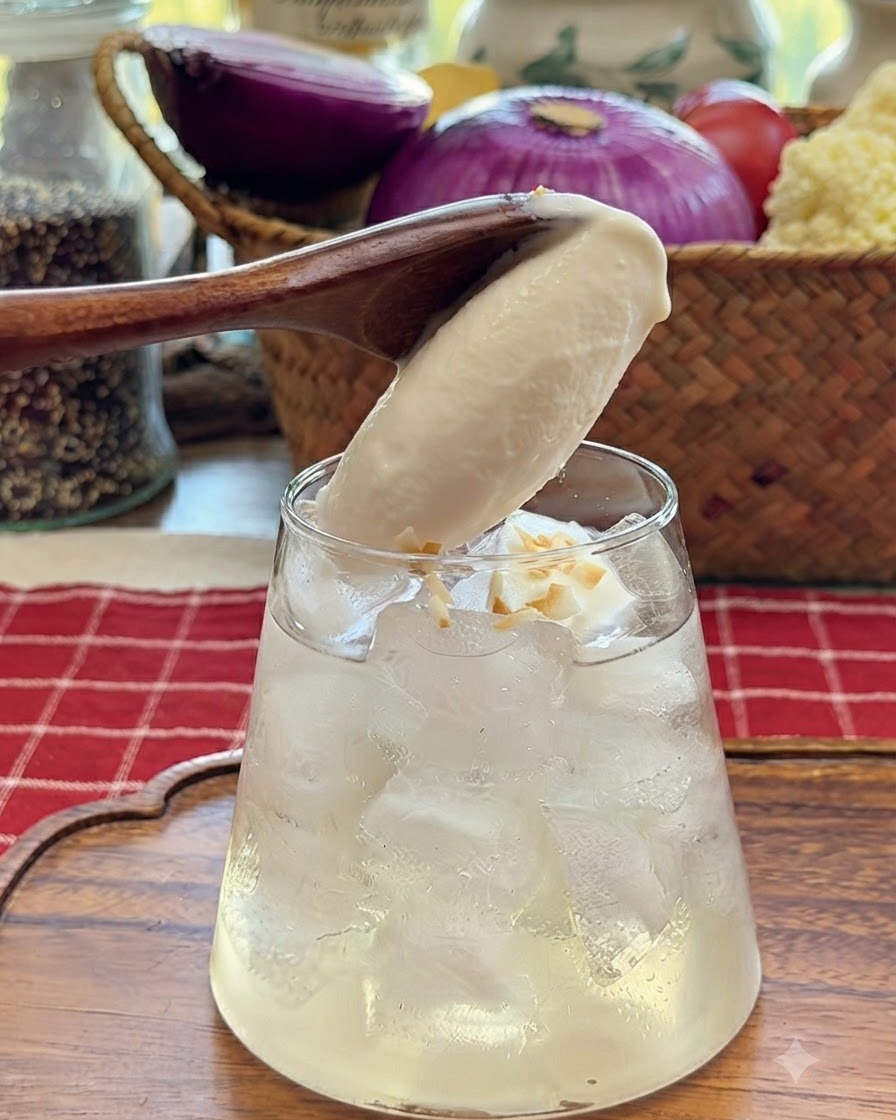 Ein Holzlöffel gibt eine Kugel Eiscreme auf ein Kokosgetränk, das mit Kokosraspeln garniert ist.