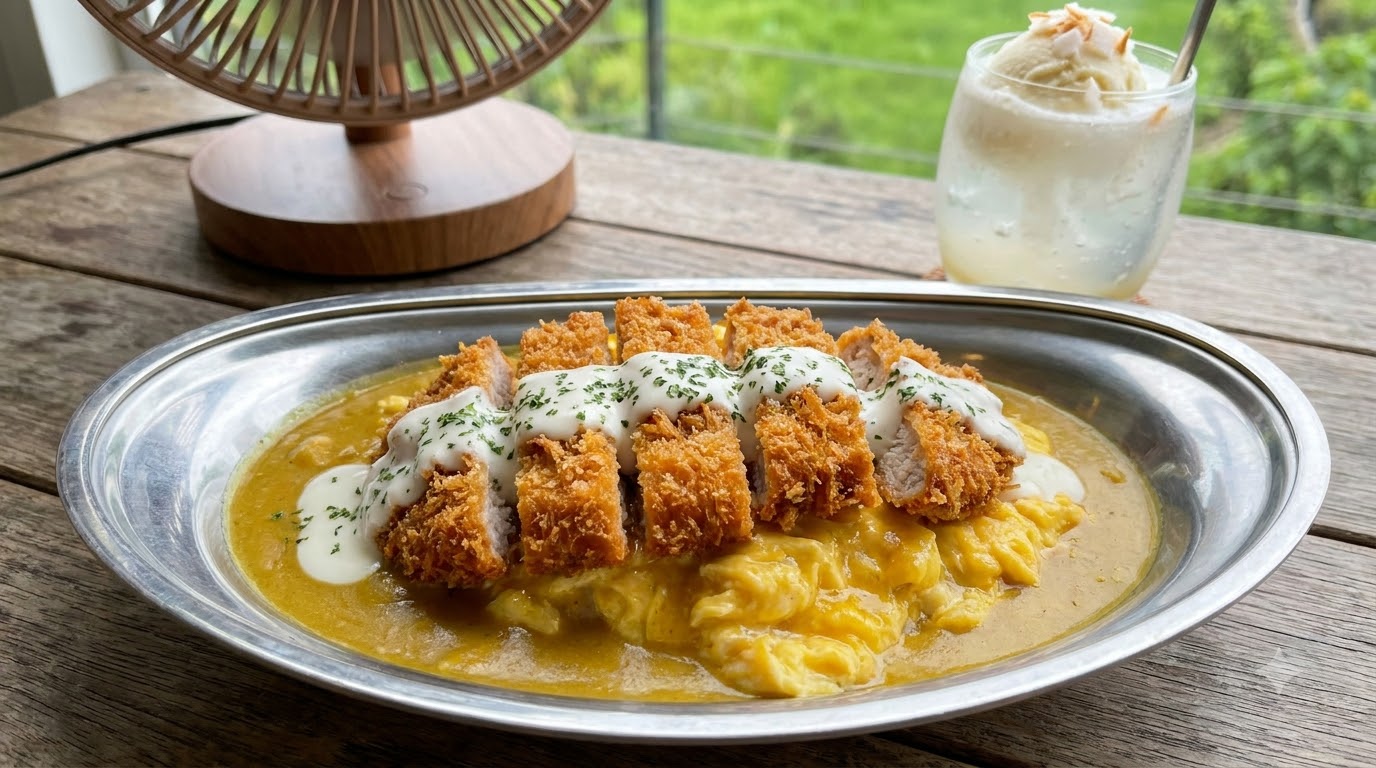 Ein fertiges Gericht aus knusprig gebackenem Schweinekotelett mit Kokos-Curry und Rührei auf einem silbernen, ovalen Teller.