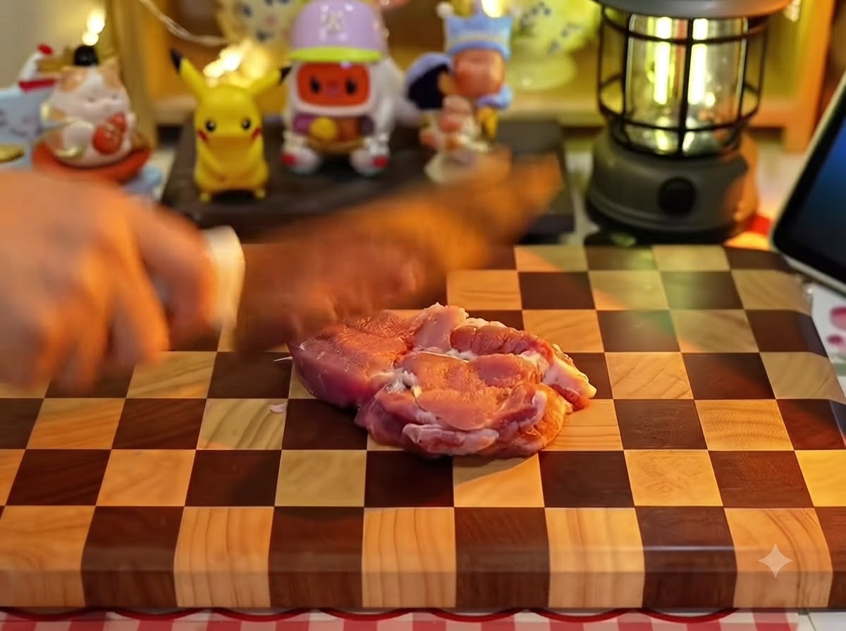 Eine Hand benutzt ein Küchenmesser, um ein rohes Schweinefleischstück auf einem karierten Holzschneidebrett einzuschneiden.