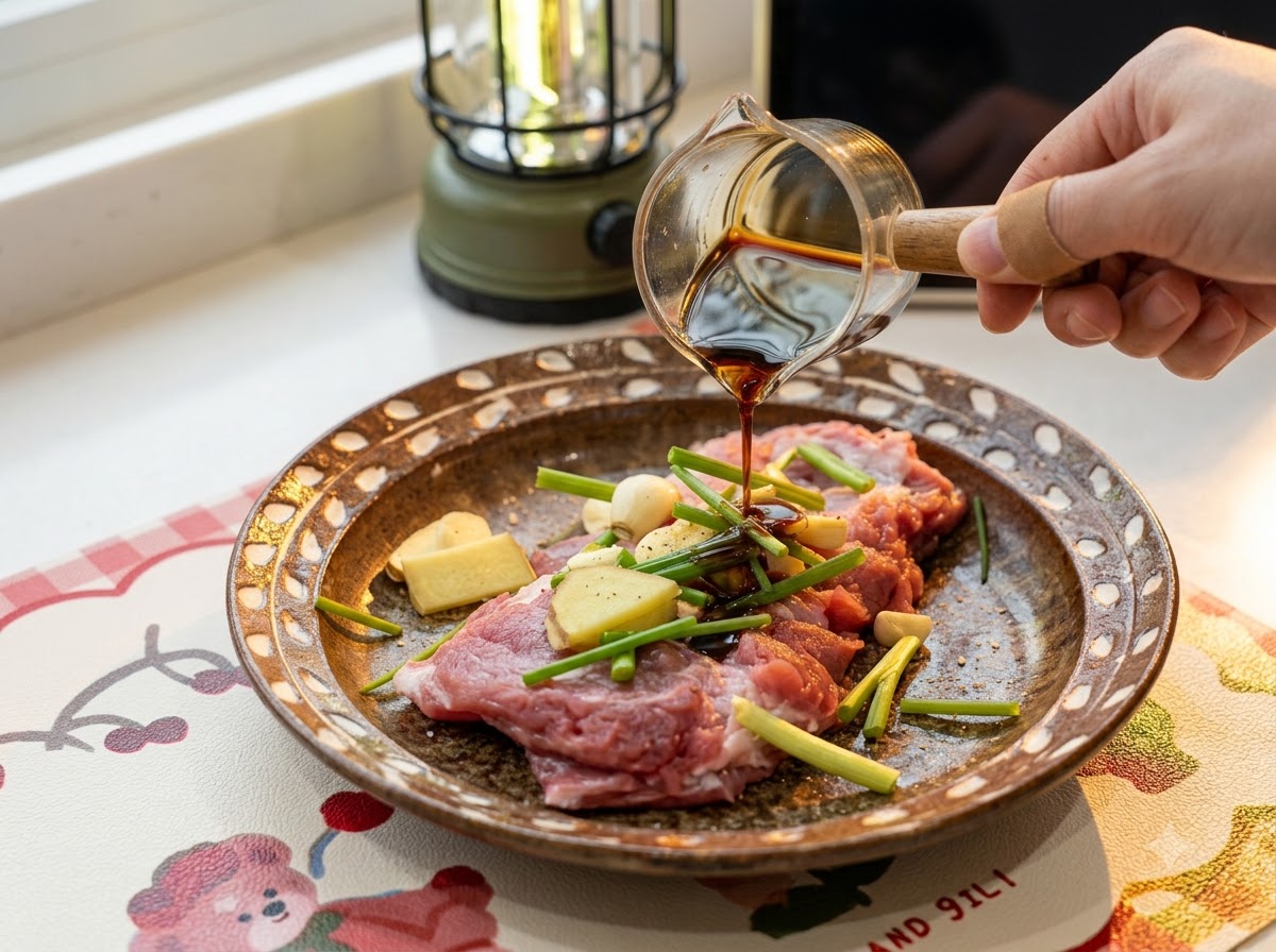 Dunkle Flüssigwürze wird aus einem Messbecher aus Glas auf rohe Schweinekotelettstücke in einer gemusterten Keramischüssel gegossen.