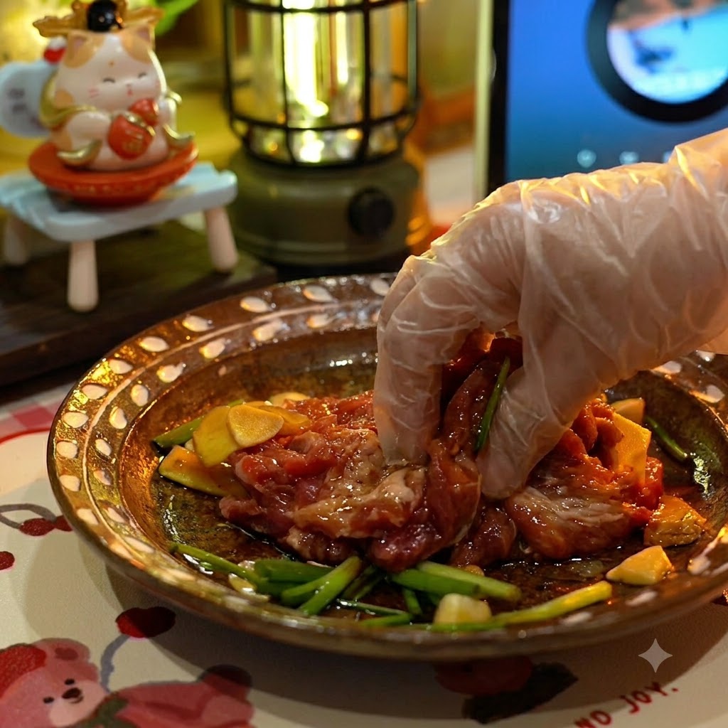 Eine handgeschützte Hand massiert Marinade und Aromaten in rohe Schweinekotelettstücke in einer Keramischüssel ein.