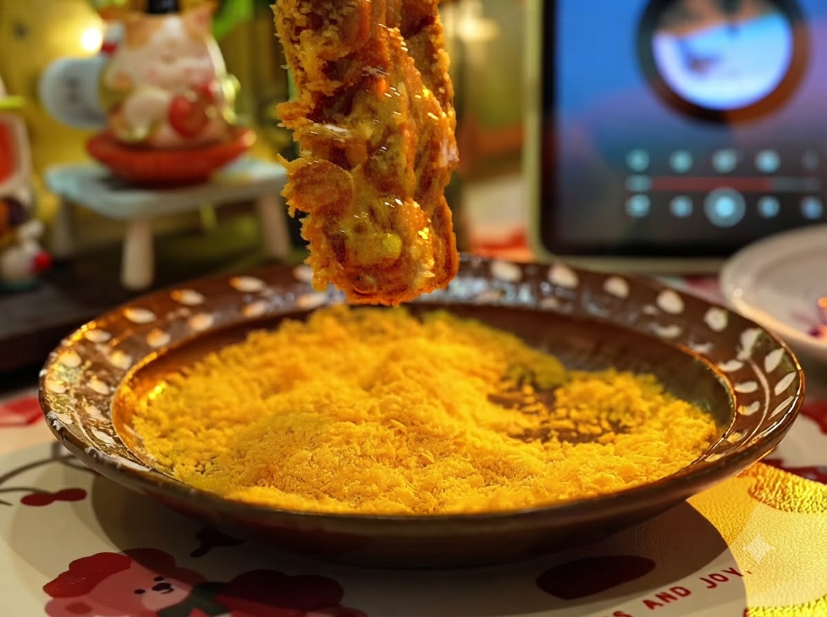 Ein Schweinekotelett wird in eine flache Schüssel mit goldenen Panko-Paniermehlen gedrückt, um es vollständig zu bedecken.