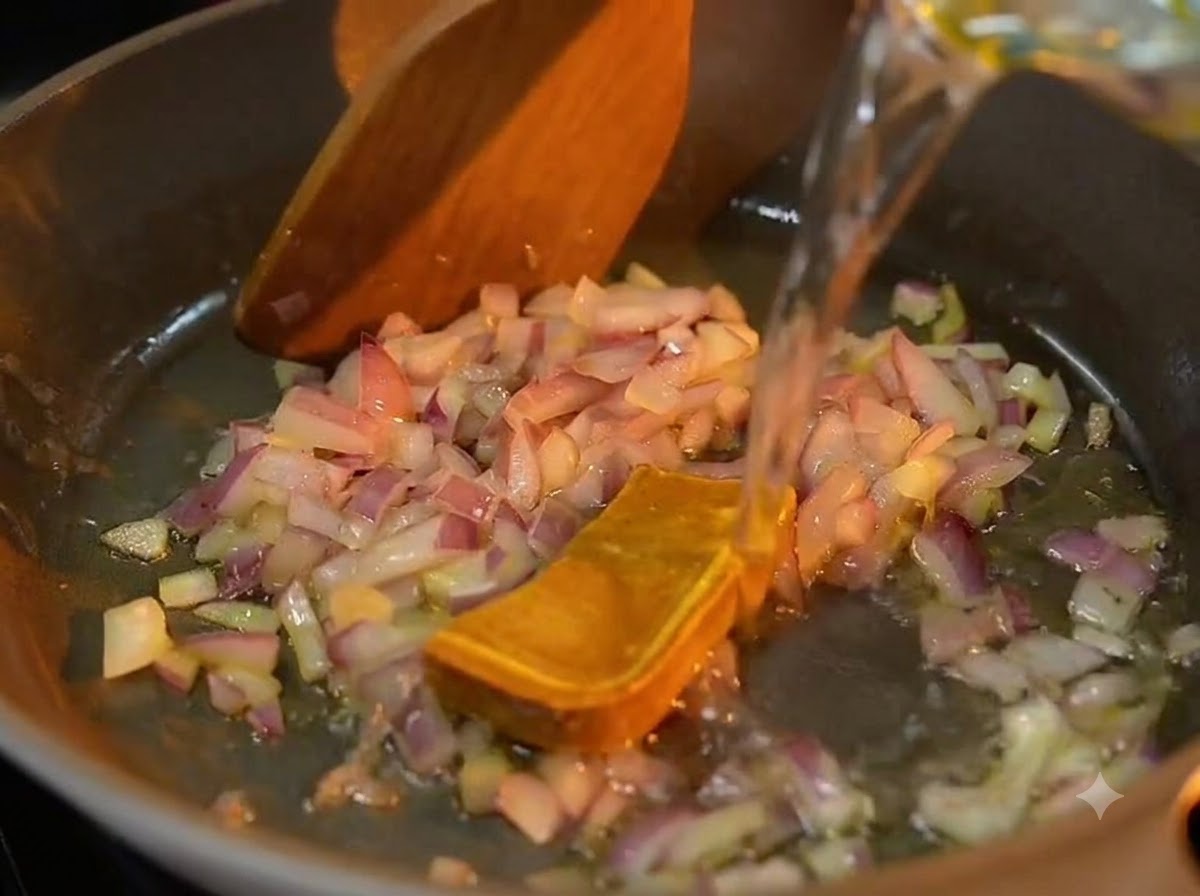 Klares Wasser wird aus einem Glasmessbecher in eine heiße Pfanne mit gewürfelten roten Zwiebeln und einem Block gelber Currypaste gegossen.