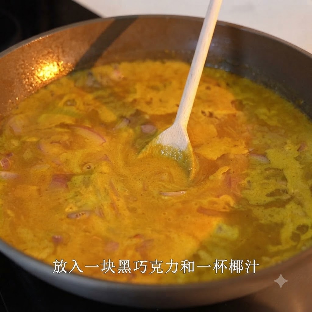 Ein Holzlöffel rührt eine köchelnde gelbe Currysoße um, die mit Stücken dunkler Schokolade in einer großen Pfanne angereichert ist.
