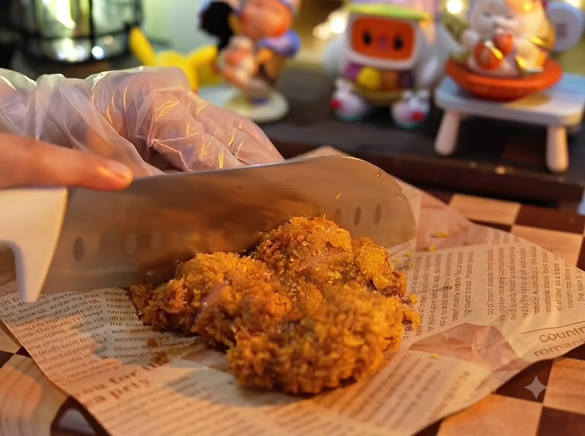 Eine behandschuhte Hand hält ein goldbraunes frittiertes Schweinekotelett nieder, während ein großes Messer es in dicke Streifen auf Backpapier schneidet.