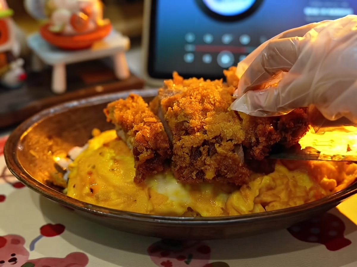 Eine behandschuhte Hand platziert die ordentlich geschnittenen Stücke des knusprig frittierten Schweinekoteletts über einem hellgelben, weichen Omelett auf einer Servierplatte.