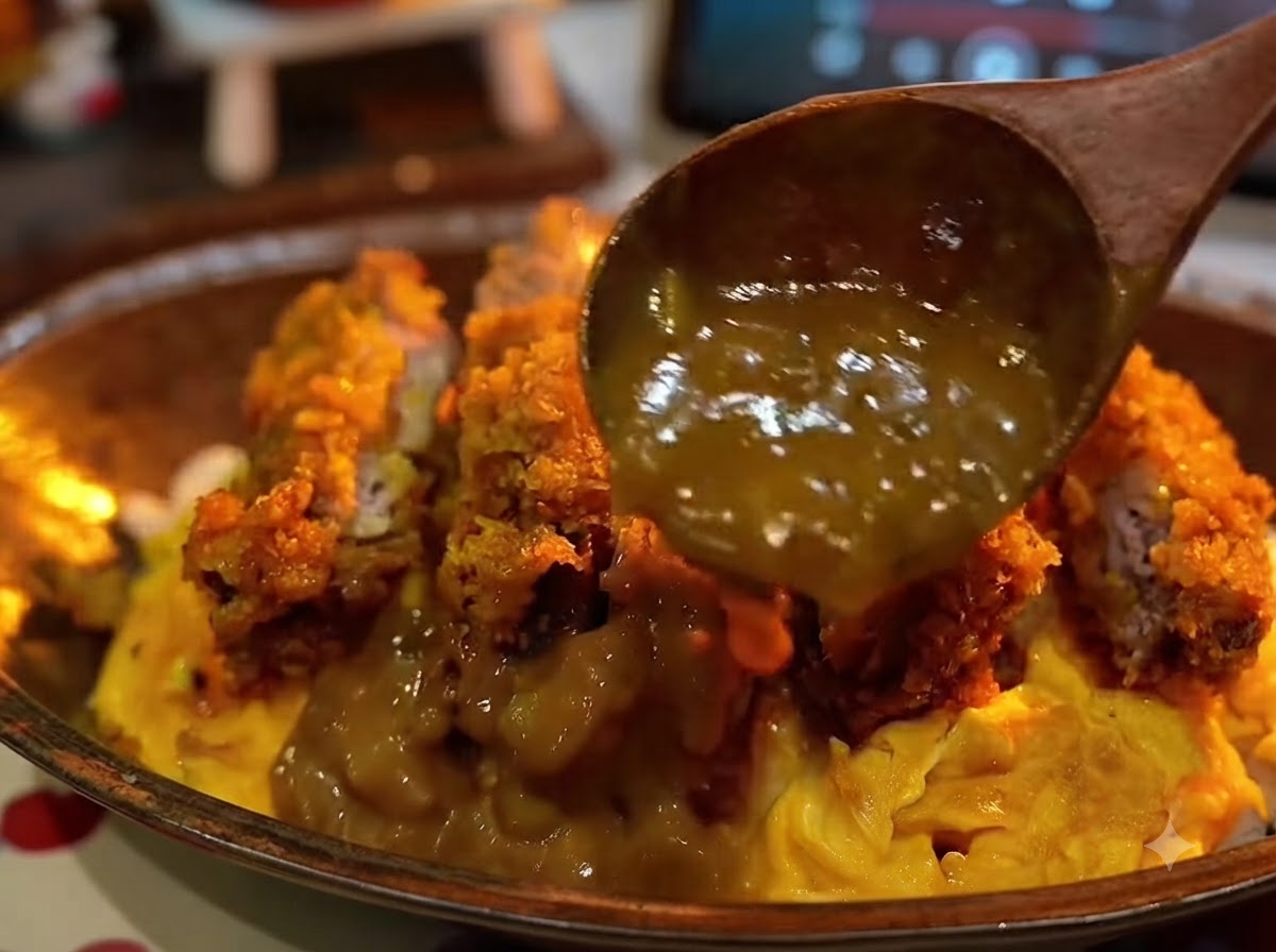 Ein Holzlöffel gießt dicke braune Currysoße über eine Portion geschnittenes knuspriges Schweinekotelett und ein zartes Eieromelett.