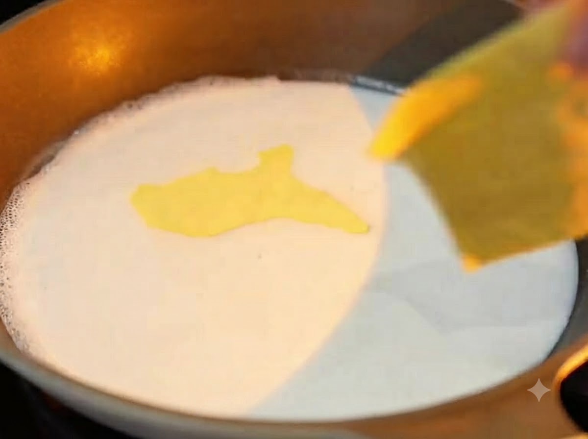 Quadratische Scheiben gelben Käses schmelzen in sanft köchelnder weißer Kokosmilch in einer Pfanne.
