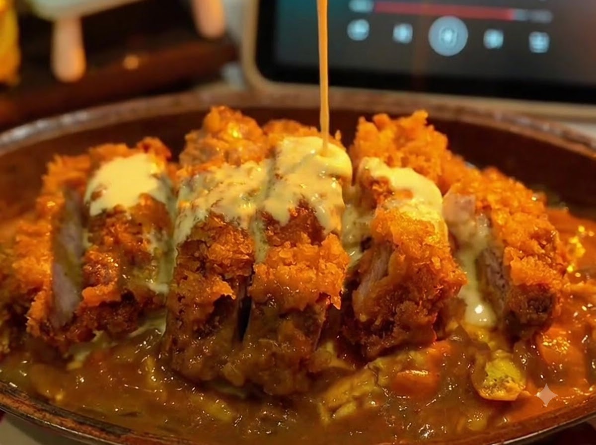 Ein Strahl cremiger weißer Käse- und Kokossoße wird über das zusammengestellte Curry-Schweinekotelett geträufelt.