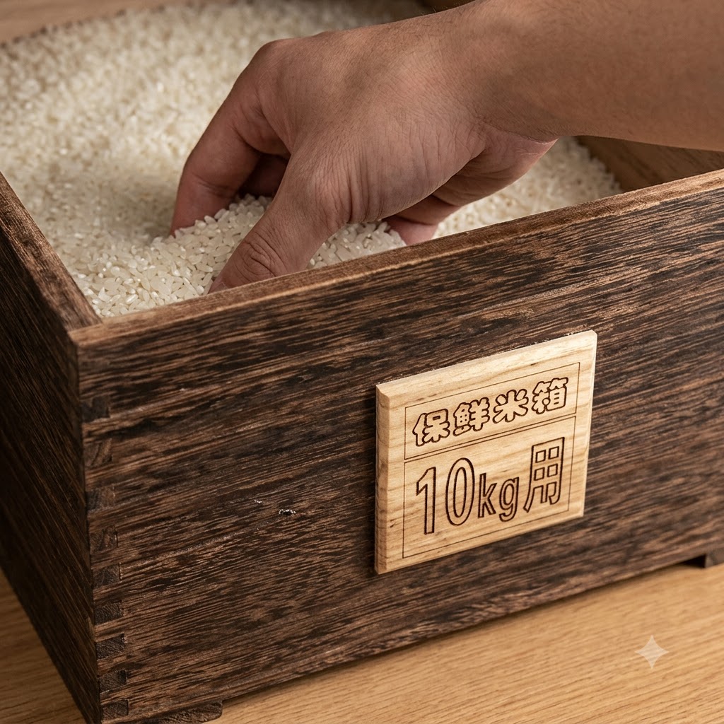 Roher weißer Reis wird in einer Holzbox gewaschen, während eine Hand hineinreicht.
